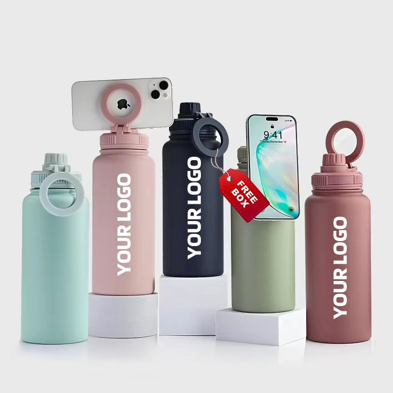 32Oz Rubber Double Wall Stainless Magsafe Vacuum Flask Tumbler Water Bottle Magnetic Phone Holder with Custom Logo