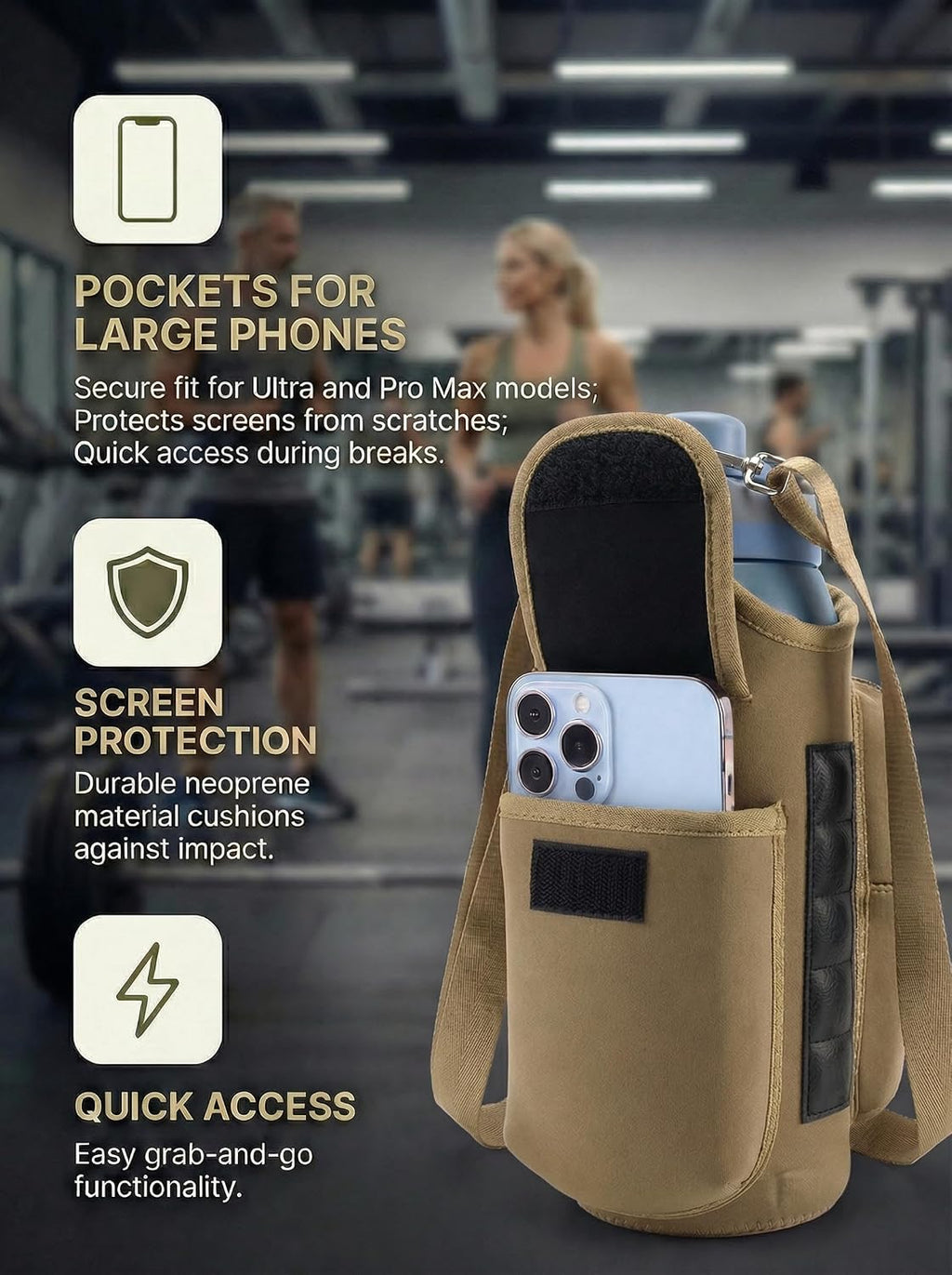Magnetic Gym Tote,18-40Oz Water Bottle Bag Holder,Neoprene Case Pouch with Phone Pocket,Men Women Workout Accessories