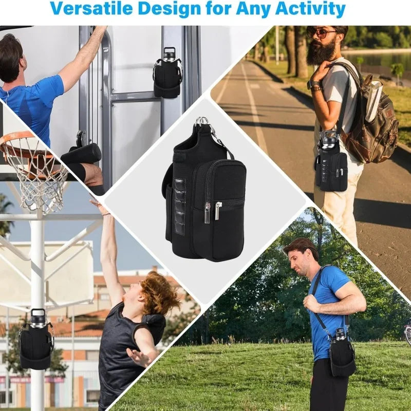 Magnetic Fitness Water Bottle Holder with Phone Pocket and Shoulder Strap Gym Accessories Storage Pouch Carrier Bottle Cover