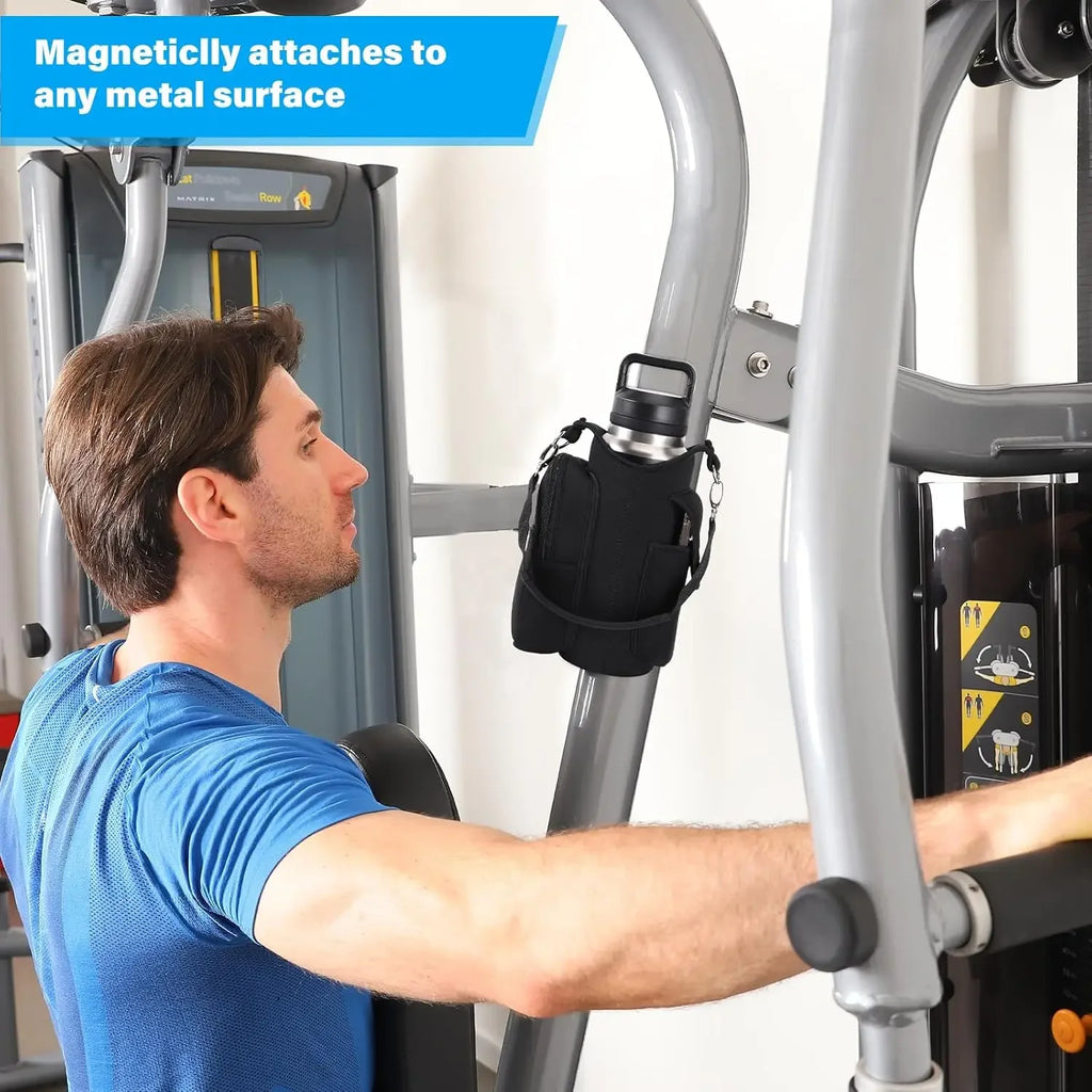 Magnetic Fitness Water Bottle Holder with Phone Pocket and Shoulder Strap Gym Accessories Storage Pouch Carrier Bottle Cover